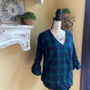Women’s Izod Navy Blue & Green Plaid 3/4 Bell Sleeve Tunic Blouse